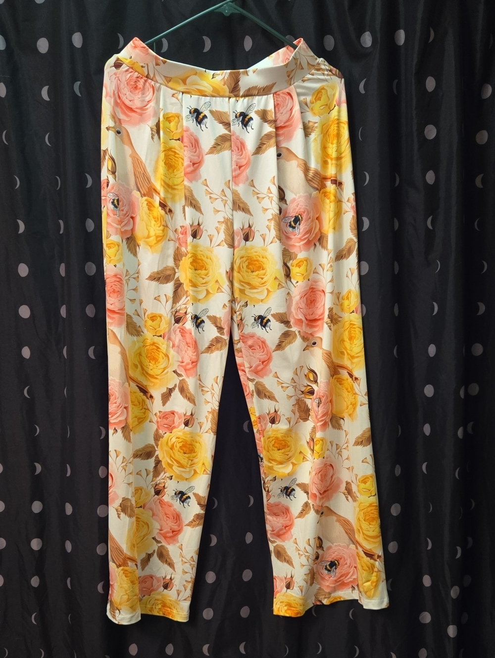 Floral Wide-Leg Women’s Pants in Cream with Yellow & Pink Roses